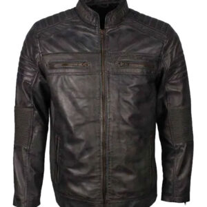 Men's Cafe Racer Grey Waxed Biker Leather Jacket