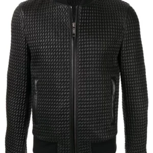Textured Bomber Leather Jacket Men's