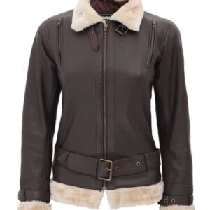 Women Dark Brown Leather Shearling Aviator Jacket