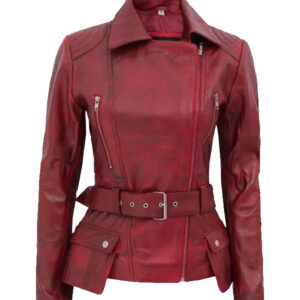 Womens Distressed Maroon Biker Jacket