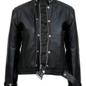 Women’s Black Leather Belted Moto Jacket