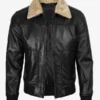 Men Black Leather Bomber Jacket With Fur Collar