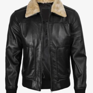 Men Black Leather Bomber Jacket With Fur Collar