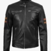 Men Black Leather Jacket With Cognac Stripes