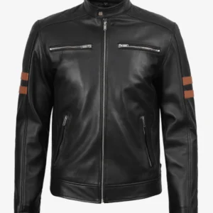 Men Black Leather Jacket With Cognac Stripes