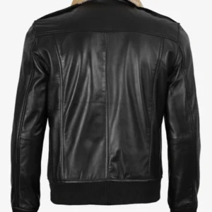 Men Bomber Black Leather Jacket With Fur Collar