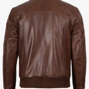 Men Brown Shirt Collar Leather Bomber Jacket