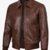 Men Shirt Collar Brown Leather Bomber Jacket