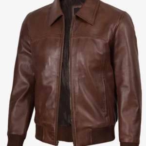 Men Shirt Collar Brown Leather Bomber Jacket