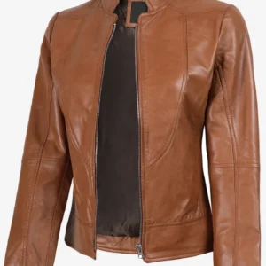 Women Biker Tan Brown Leather Jacket
