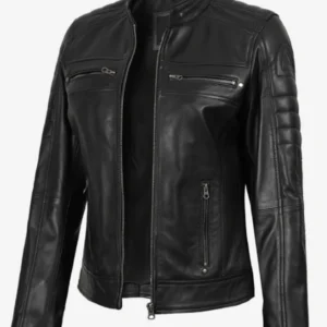 Women Cafe Racer Black Leather Biker Jacket