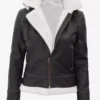 Women Dark Brown Shearling White Hooded Bomber Jacket
