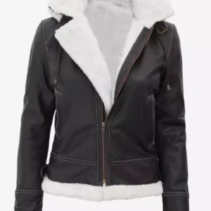 Women Dark Brown Shearling White Hooded Bomber Jacket