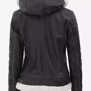 Women Hooded Dark Brown Shearling White Bomber Jacket