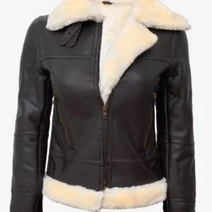 Women's Dark Brown Leather Bomber Shearling Jacket