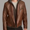 Men’s Leather Moto Jacket With Removable Hood