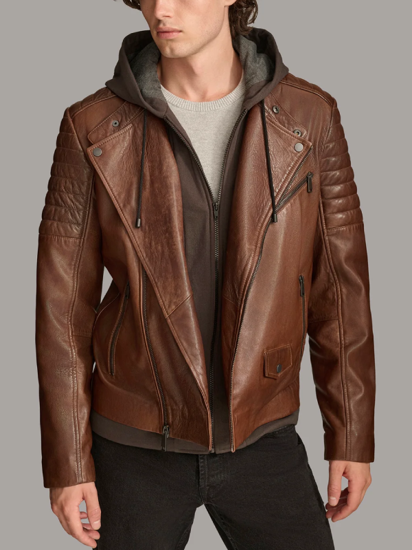 Men’s Leather Moto Jacket With Removable Hood