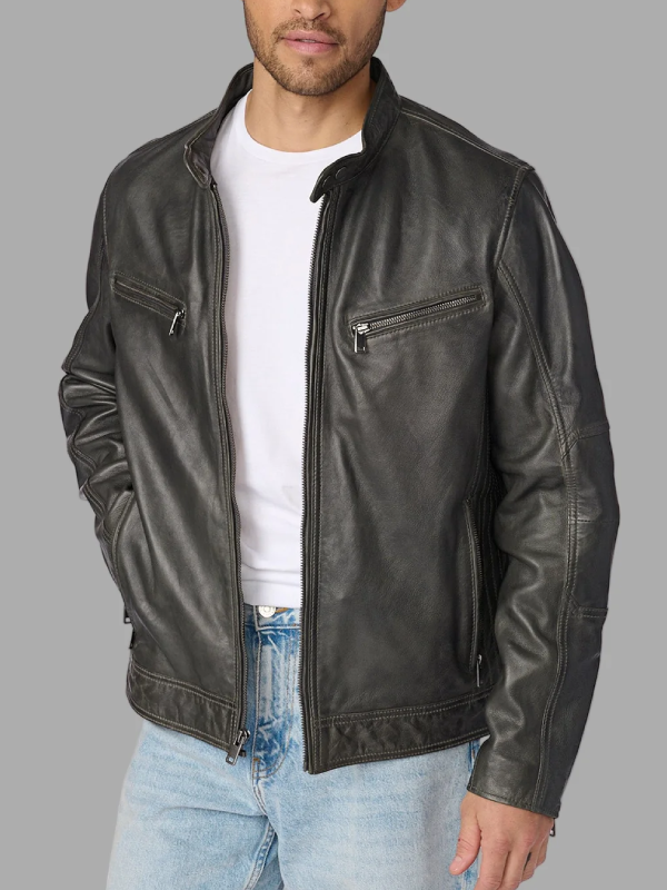 Men’s Vintage Grey Leather Racer Jacket