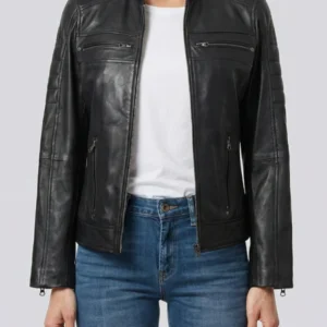 Austin Womens Black Cafe Racer Leather Jacket