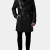Black Belted Leather Trench Coat For Men