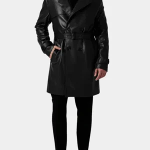 Black Belted Leather Trench Coat For Men