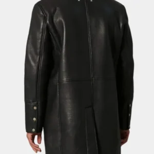 Black Leather Double Breasted Shearling Trench Coat For Men
