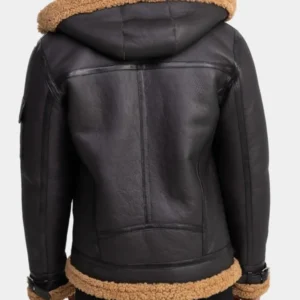 Black Leather Shearling Hooded Aviator Jacket For Men