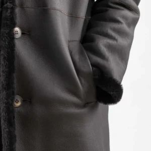 Black Leather Shearling Trench Coat For Men