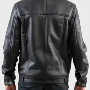 Black Leather Shearling Trucker Jacket For Men