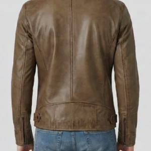 Camel Brown Leather Cafe Racer Jacket For Men