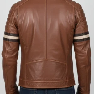 Cognac Racer With Stripes Brown Leather Jacket For Men