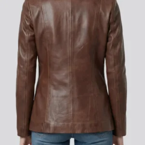 Cognac Two Button Real Leather Blazer For Women