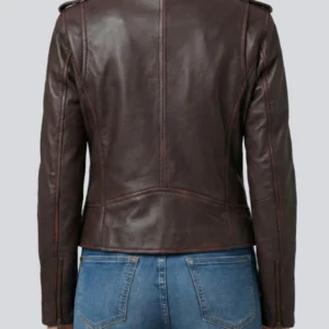 Dark Brown Asymmetrical Leather Biker Jacket For Women