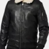 Men Black Shearling Collar Leather Bomber Jacket