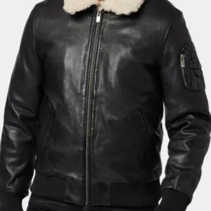 Men Black Shearling Collar Leather Bomber Jacket