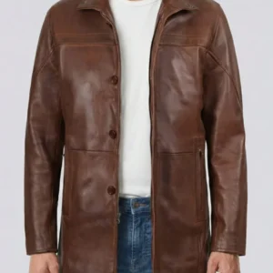 Mens 3_4 Length Cognac Brown Leather Coat