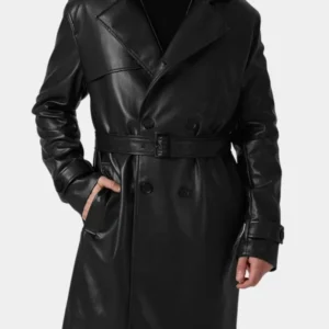 Mens Black Belted Leather Trench Coat