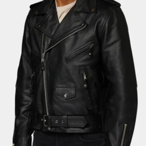 Mens Black Biker Leather Zipper Jacket