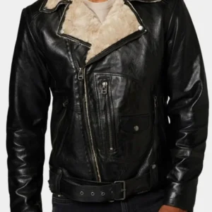 Mens Black Leather Biker Fur Collar Jacket