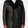 Mens Black Leather Double Breasted Shearling Trench Coat