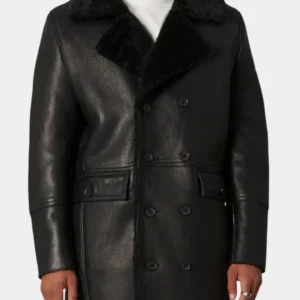 Mens Black Leather Double Breasted Shearling Trench Coat