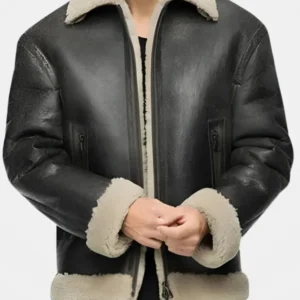 Mens Black Leather Shearling Aviator Jacket