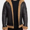 Mens Black Leather Shearling Hooded Aviator Jacket