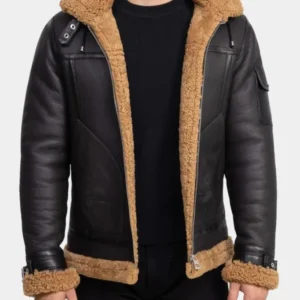 Mens Black Leather Shearling Hooded Aviator Jacket