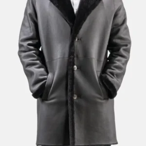 Mens Black Leather Shearling Trench Coat