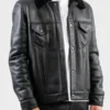 Mens Black Leather Shearling Trucker Jacket
