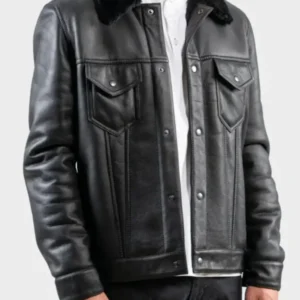 Mens Black Leather Shearling Trucker Jacket