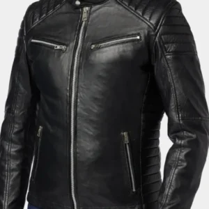 Mens Black Padded Shoulder Leather Cafe Racer Jacket