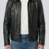 Mens Black Shirt Collar Cowhide Leather Jacket