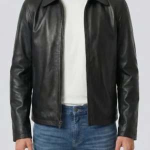 Mens Black Shirt Collar Cowhide Leather Jacket